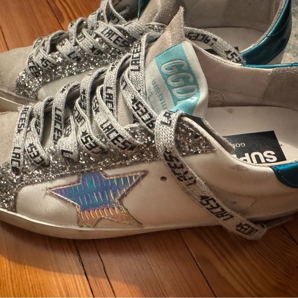 Golden Goose White and Blue Glitter Sneakers - Picture 10 of 14
